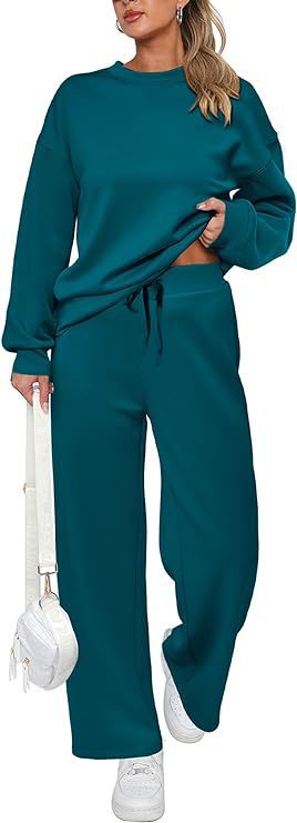 Women's two-piece French terry lounge set with oversized round neck pullover and wide high waist jogger Mune Fashion