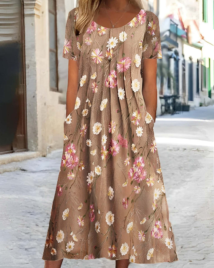 Women's nan Blumenswing midi dress with round neckline, inset pockets, and structured crepe quality Mune Fashion