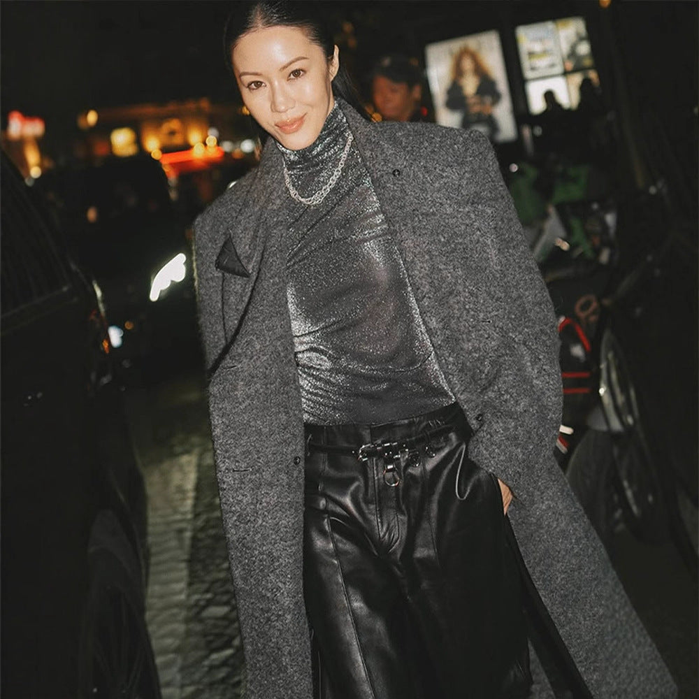 Women Maxi Long Oversize Wool Blend Coat Double-Breasted with Boxy Silhouette and Patch Pockets Mune Fashion