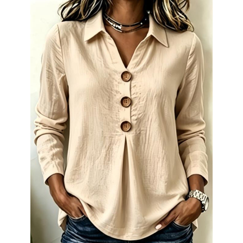 Women's long sleeve blouse with wooden button placket and front pleat Mune Fashion
