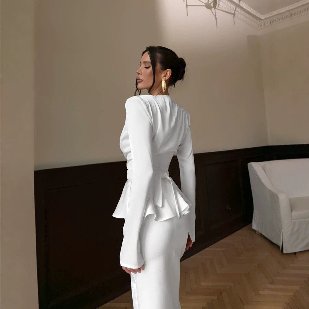 Ladies Tailored Evening Dress with Peplum Waist and Long Sleeves Mune Fashion
