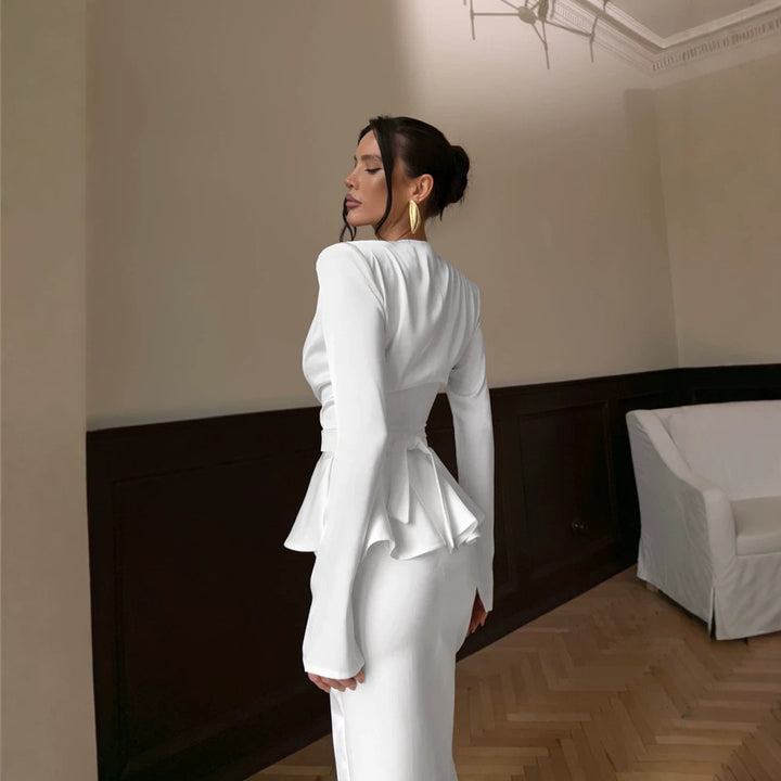 Ladies Tailored Evening Dress with Peplum Waist and Long Sleeves Mune Fashion
