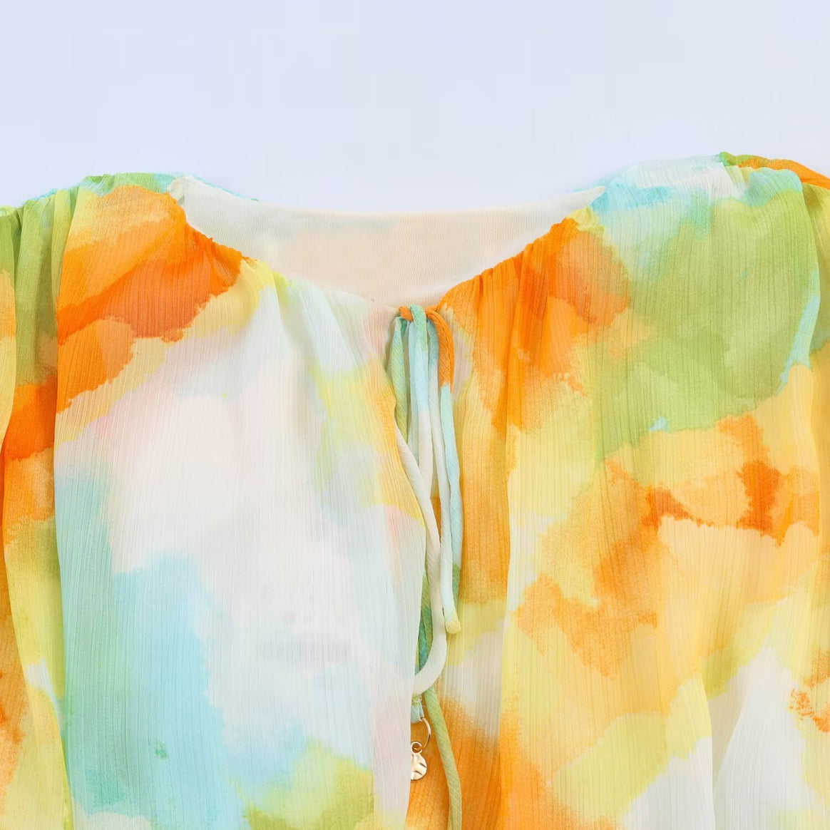 Women's Short Cut Pleated Chiffon Blouse with Drawstring and Wide Balloon Sleeves Mune Fashion