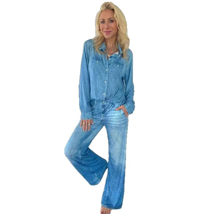 Women Relaxed Denim Loungewear Set with Oversized Shirt and Wide Flare Pants Mune Fashion