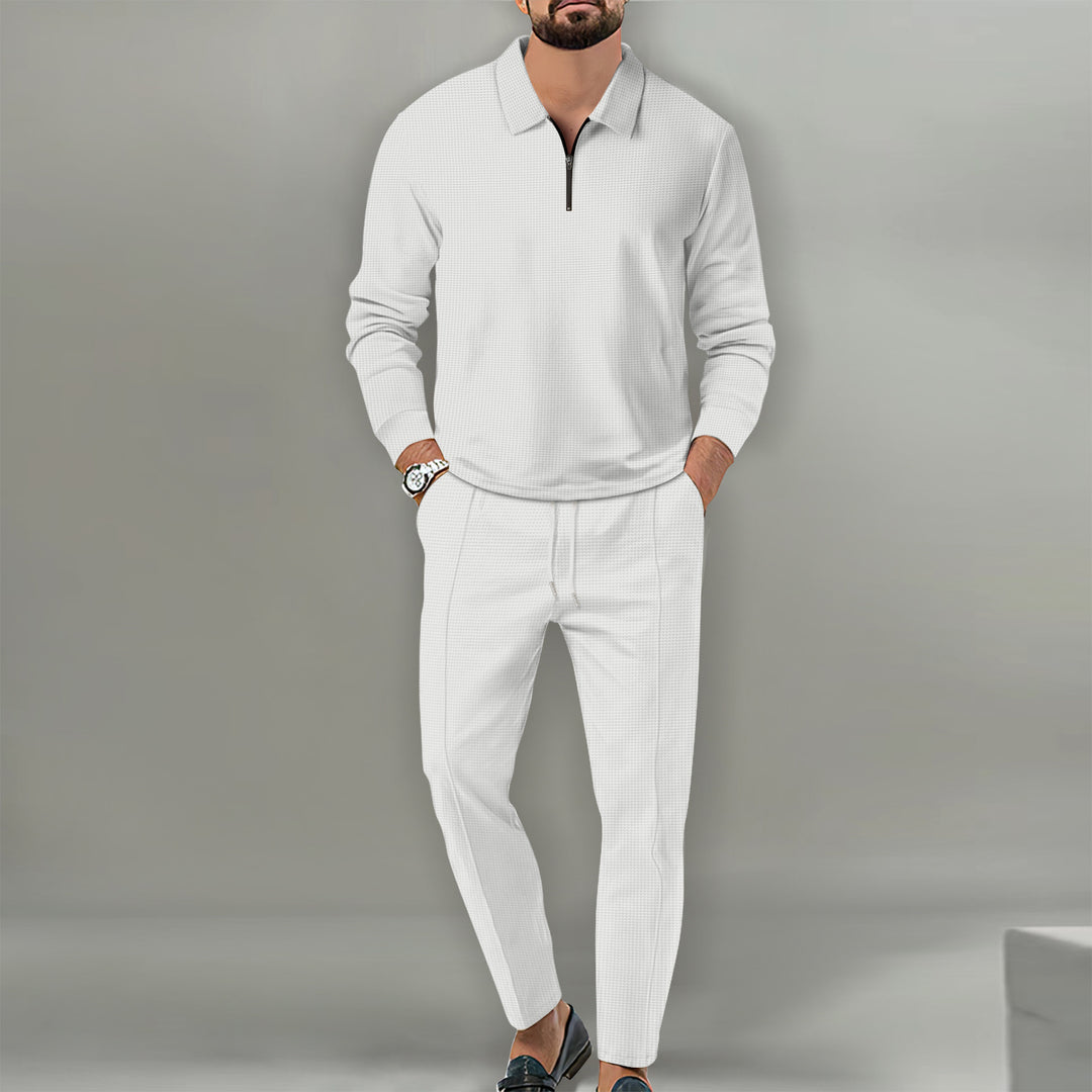 Men's Long Sleeve Henley Polo Shirt with Half Zip and Tapered Jogging Pants Mune Fashion