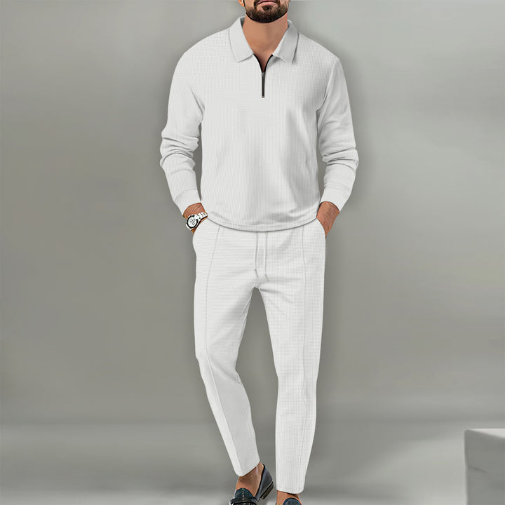 Men's Long Sleeve Henley Polo Shirt with Half Zip and Tapered Jogging Pants Mune Fashion