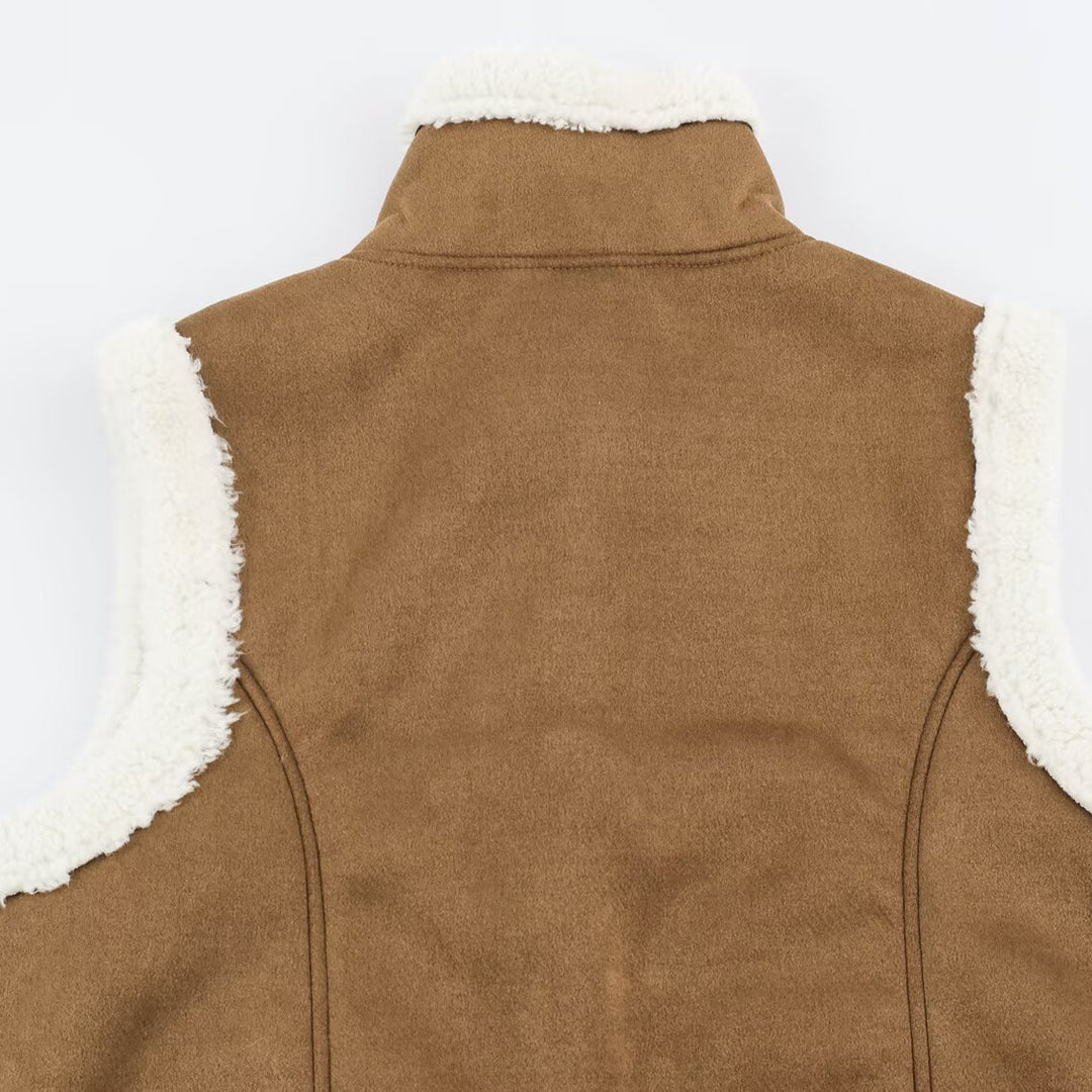 Women's Sleeveless Lambskin-Look Vest with Stand-Up Collar and Toggle Closures Mune Fashion