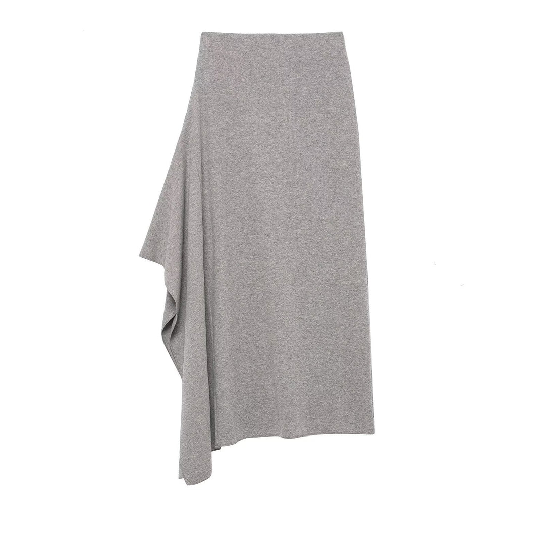 Women's Asymmetrical Midi Skirt made of Fine Knit with Draped Side Slit Mune Fashion