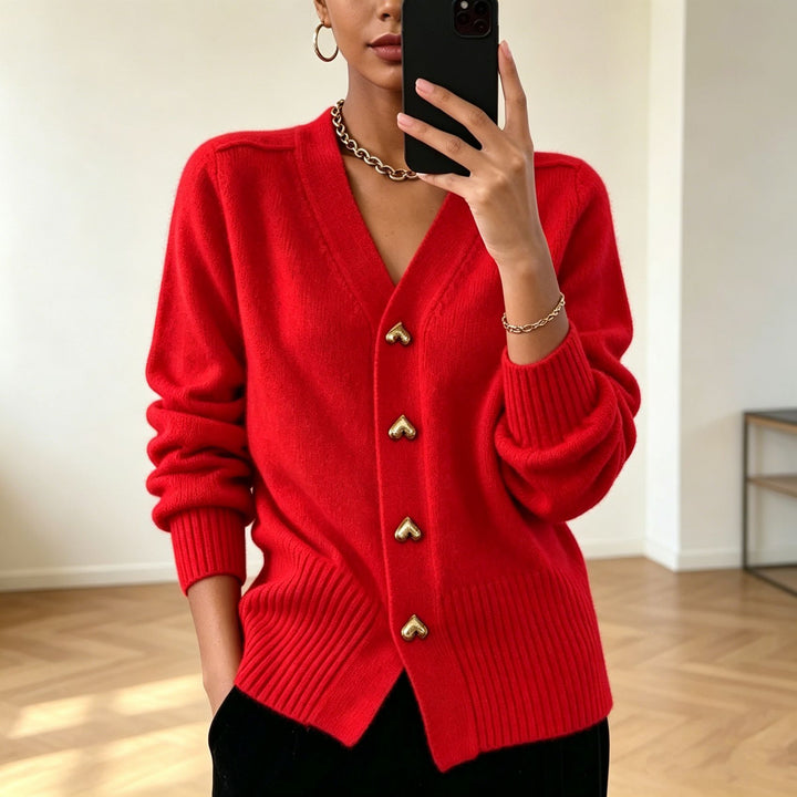 Women Oversize V-Neck Knit Cardigan with Heart-Shaped Decorative Buttons Mune Fashion