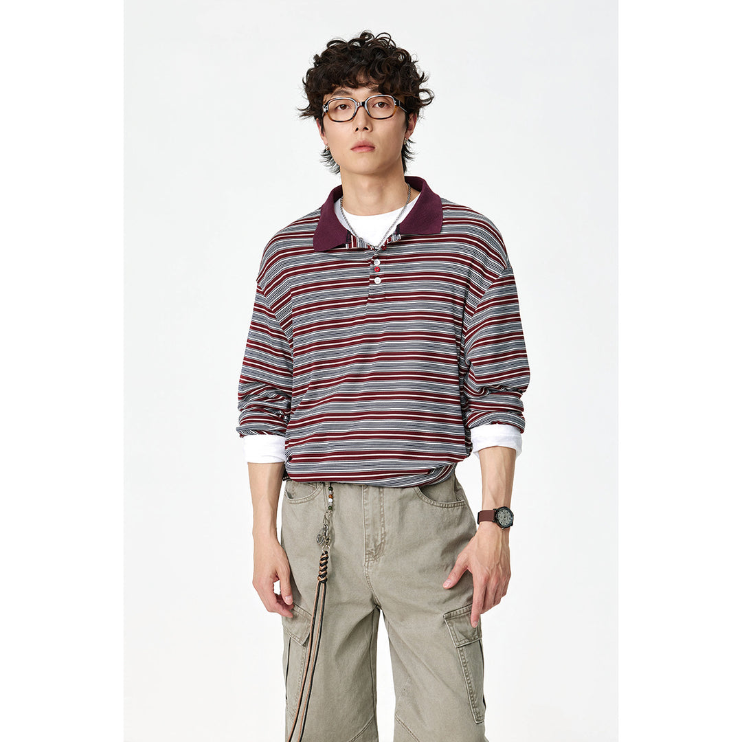 Unisex Classic Striped Long Sleeve Polo Shirt made of fine Ribbed Knitting with Kent Collar and Half Button Placket Mune Fashion
