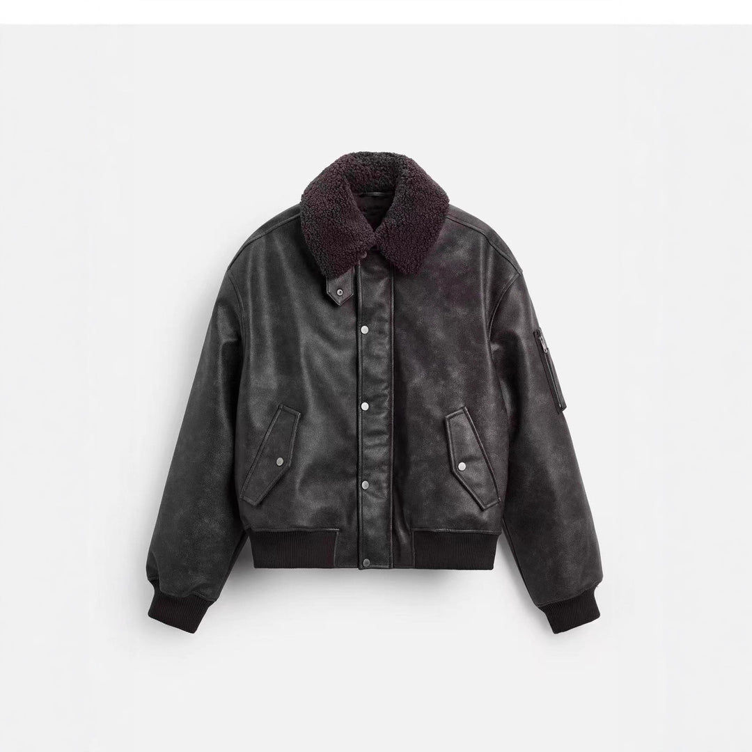 Men's Boxy Leather Blouson with Sherpa Collar and Arm Pocket Mune Fashion