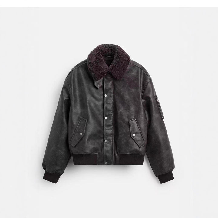 Men's Boxy Leather Blouson with Sherpa Collar and Arm Pocket Mune Fashion