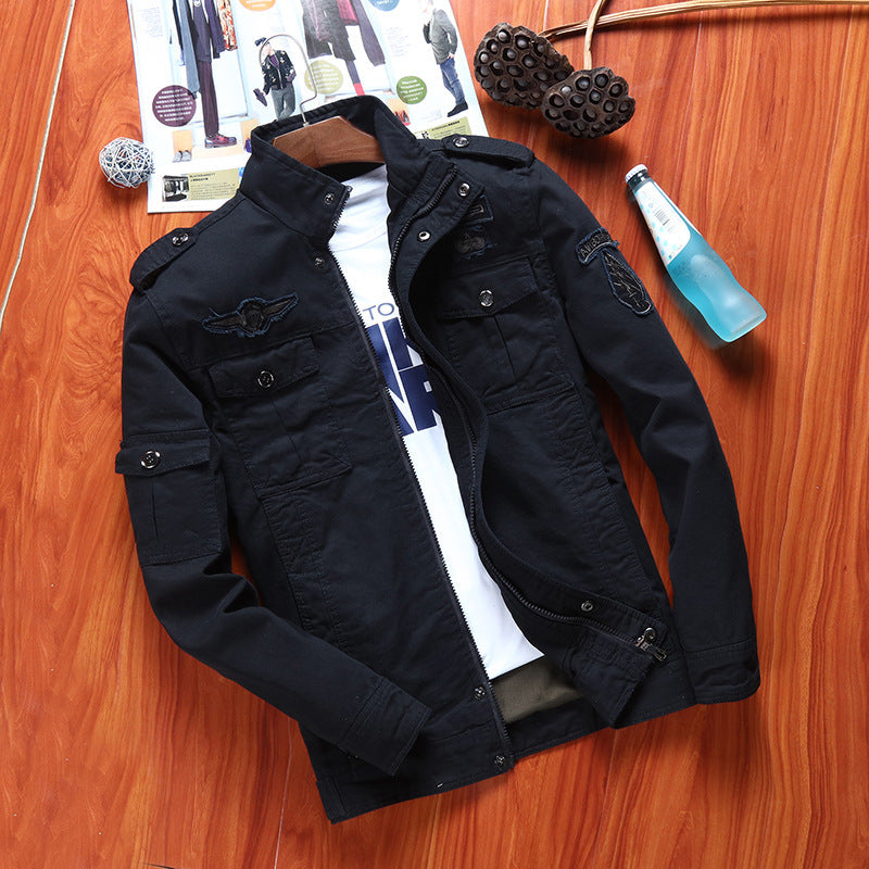 Men's Robustly Cut Canvas Combat Jacket with Patches, Stand Collar and Multifunctional Flap Pockets Mune Fashion