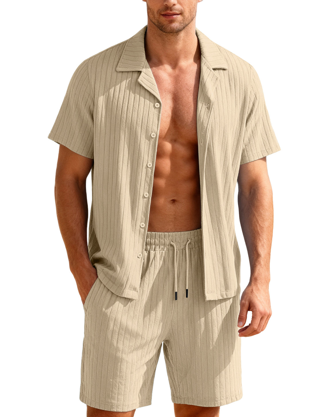 Men's ribbed fine knit lounge set with short sleeve lapel shirt and drawstring shorts Mune Fashion