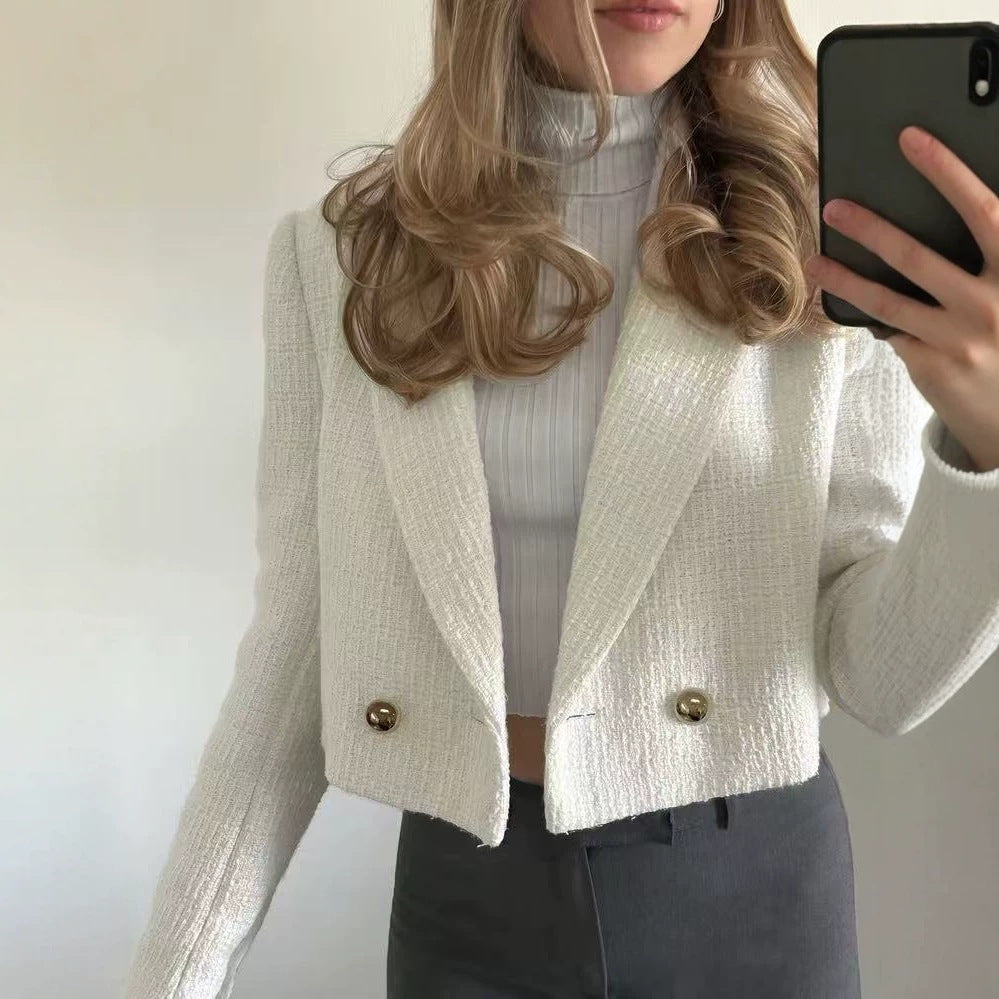 Women's Cropped Bouclé Tweed Blazer with Boxy Silhouette and Golden Decorative Buttons Mune Fashion