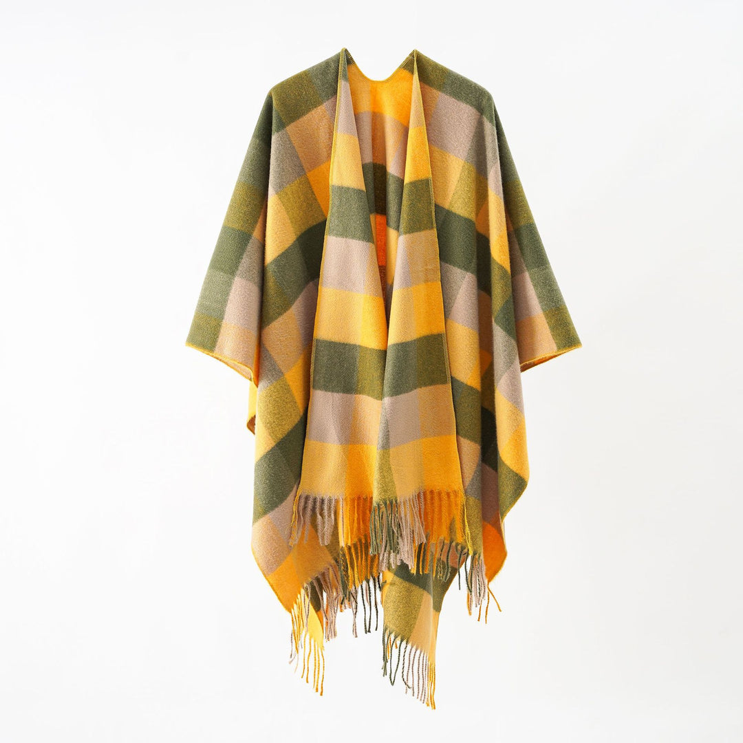 Women's Oversize Wrap Poncho made of wool blend with graphic diamond pattern and fringed hem Mune Fashion
