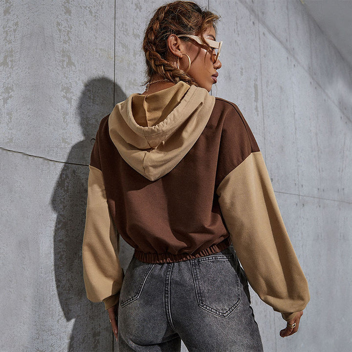 Women's Cropped Hoodie with Contrast Sleeves, Elastic Hem and Melting Smiley Print