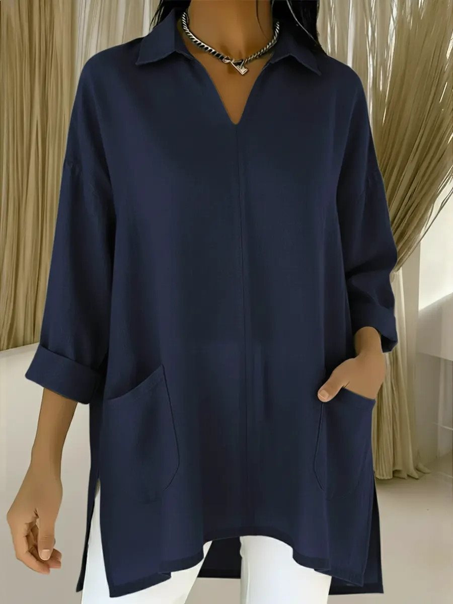 Women Oversized Tunic with Shirt Collar, V-Neck and Patch Pockets Mune Fashion