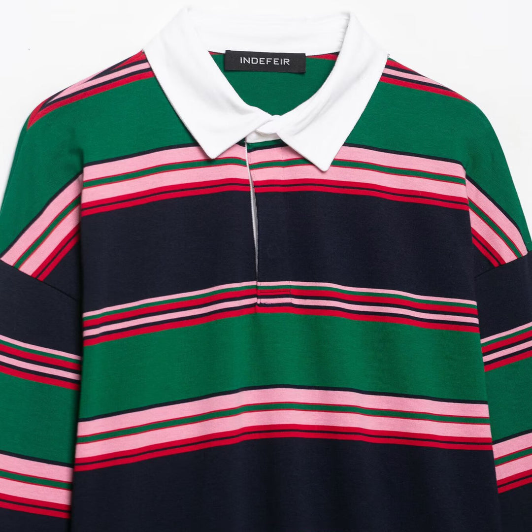 Women Oversize Rugby Polo Shirt with White Kent Collar and Wide Horizontal Stripes Mune Fashion