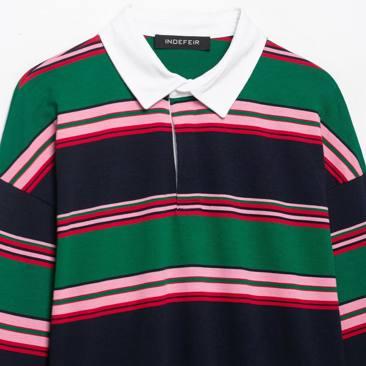 Women Oversize Rugby Polo Shirt with White Kent Collar and Wide Horizontal Stripes Mune Fashion