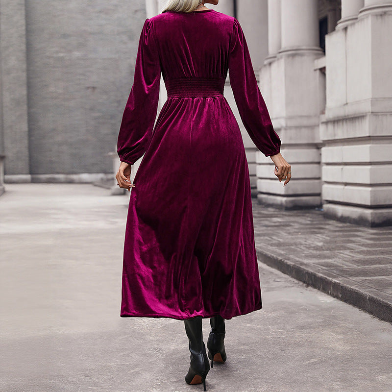 Ladies Elegant Velvet Midi Dress with Lace V-Neck, Tailored Corset Look and Asymmetrical Hem