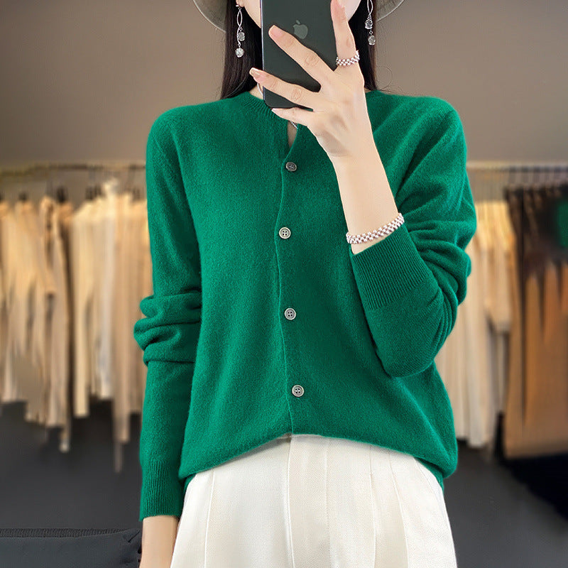 Women Lightweight Fine Knit Cardigan with Cashmere Look, Round Neckline and Hidden Button Placket Mune Fashion
