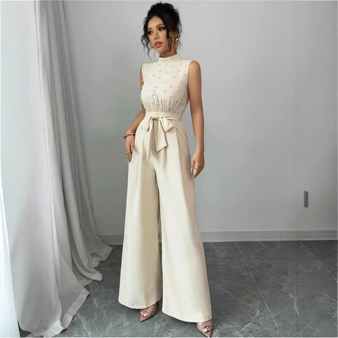 Women's Elegant Jumpsuit with Pearl Embellishment, Stand Collar and Wide Palazzo Leg Mune Fashion