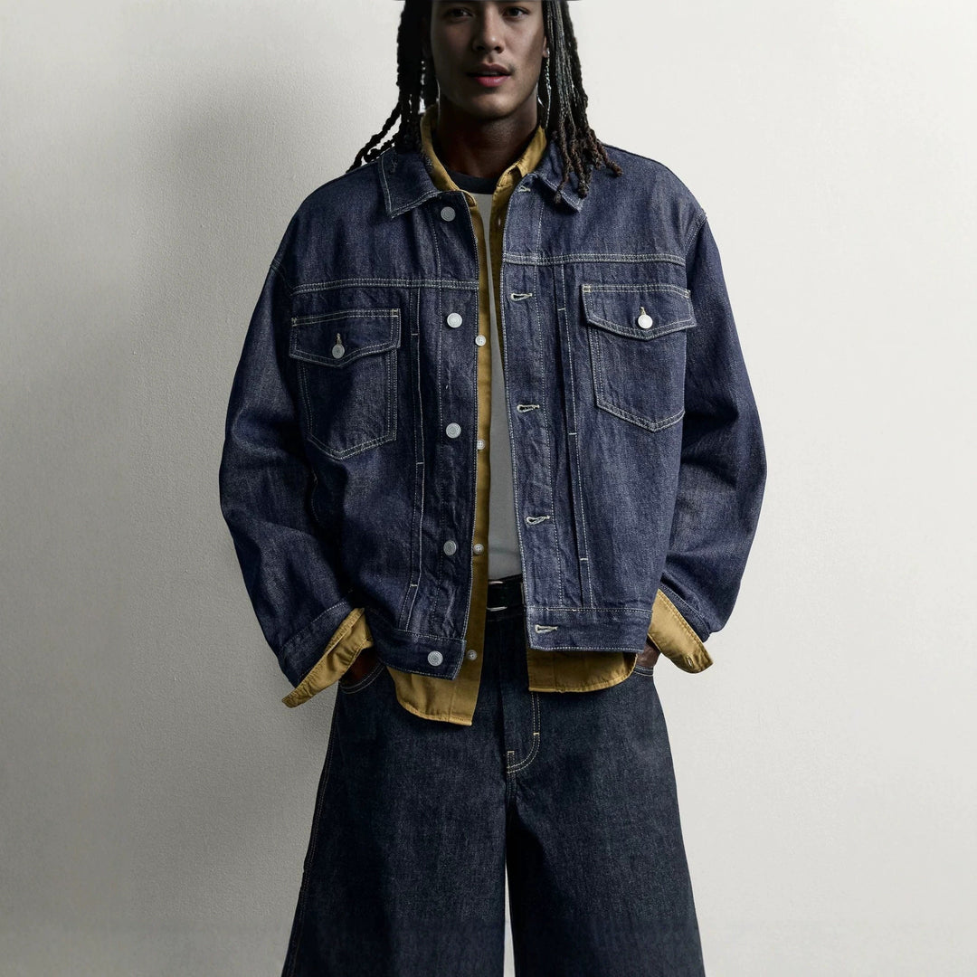 Men's Boxy Denim Jacket with Dropped Shoulder Mune Fashion