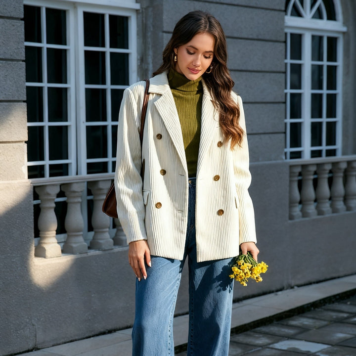 Women's Long Cord Blazer in Double Breasted with Notched Lapel and Flap Pockets Mune Fashion
