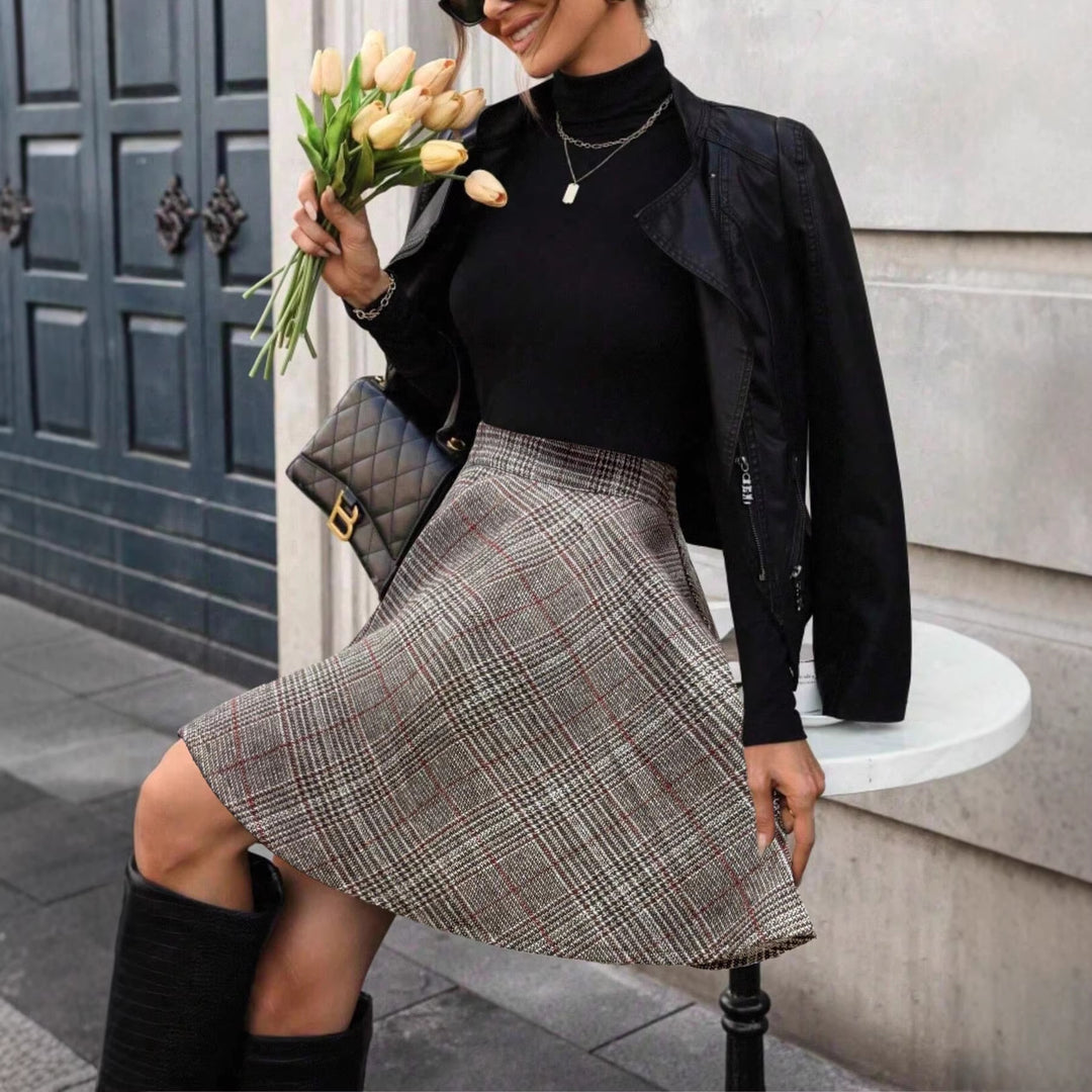 Women's Checked A-Line Skirt with High Waist and Fine Pleats Mune Fashion
