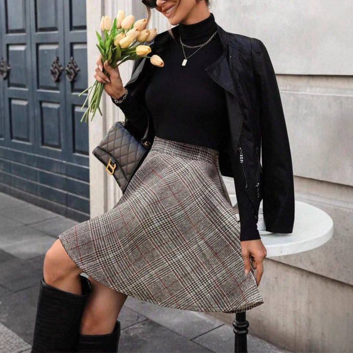 Women's Checked A-Line Skirt with High Waist and Fine Pleats Mune Fashion