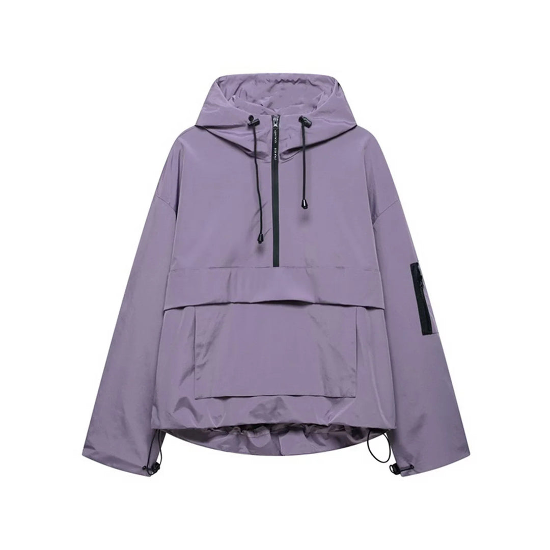 Women's windproof anorak pullover jacket with hood, half zipper, and large kangaroo pocket Mune Fashion