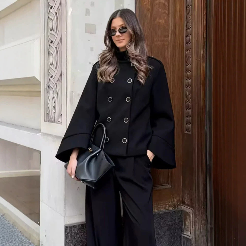 Women Short Cut Double Breasted Jacket with Stand-Up Collar, Eyelet Detail and Wide Cuffs Mune Fashion