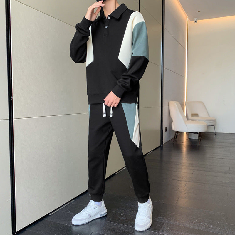 Men's Two-Piece Colorblock Tracksuit with Polo Collar & Tapered Jogging Pants Mune Fashion