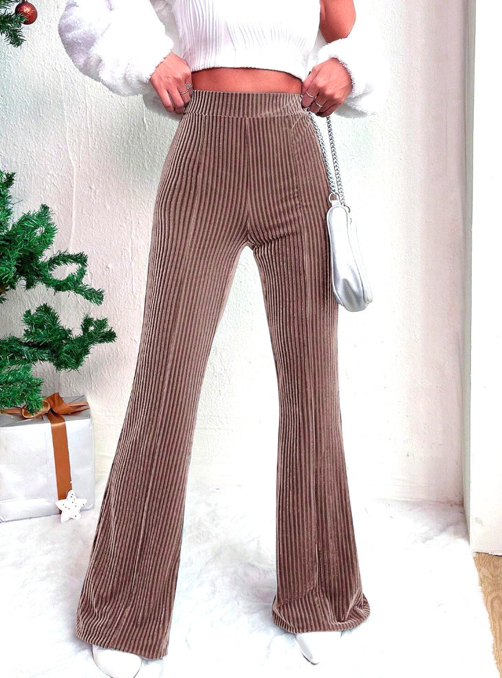 Women's High-Waisted Ribbed Velvet Pants with Wide Legs Mune Fashion