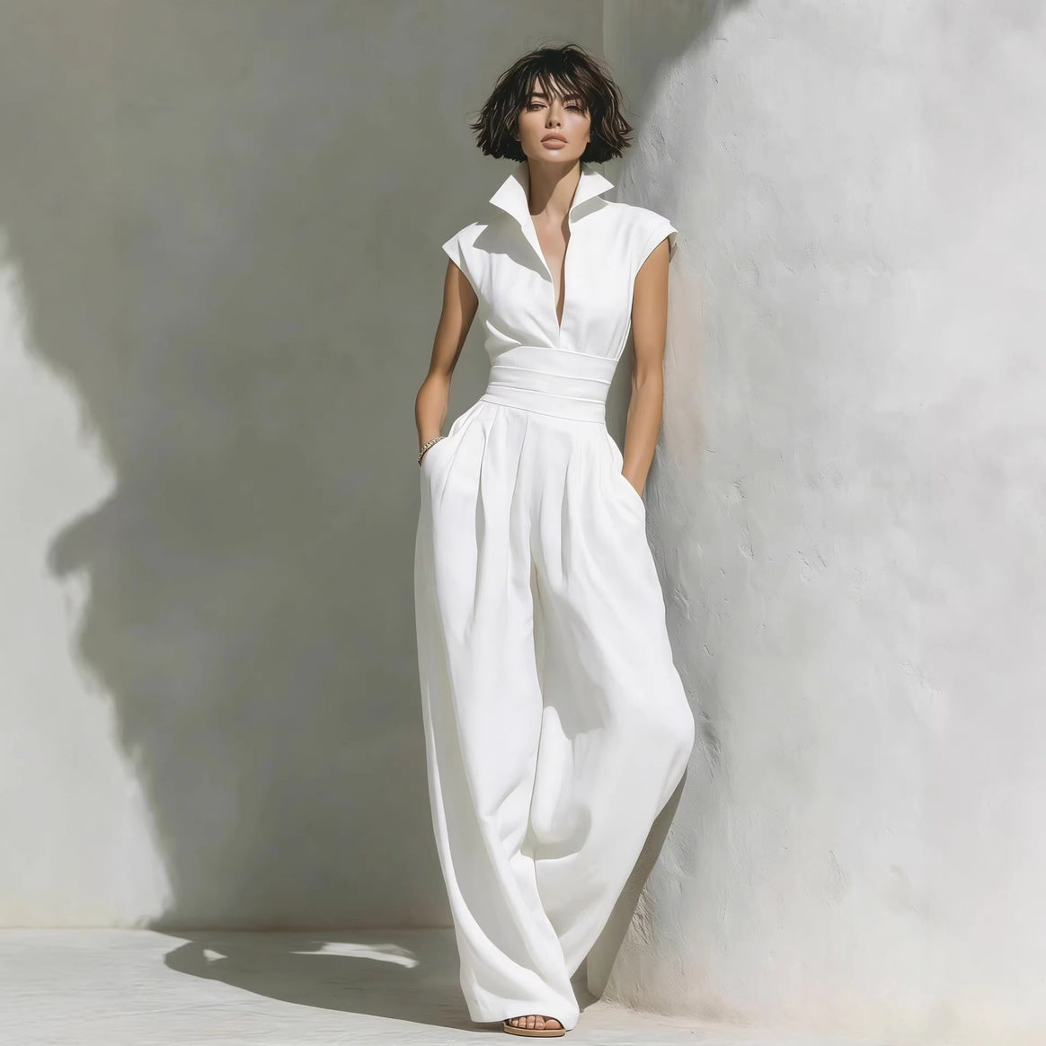Women's jumpsuit with wide leg, tailored wrap waistband and standing collar Mune Fashion
