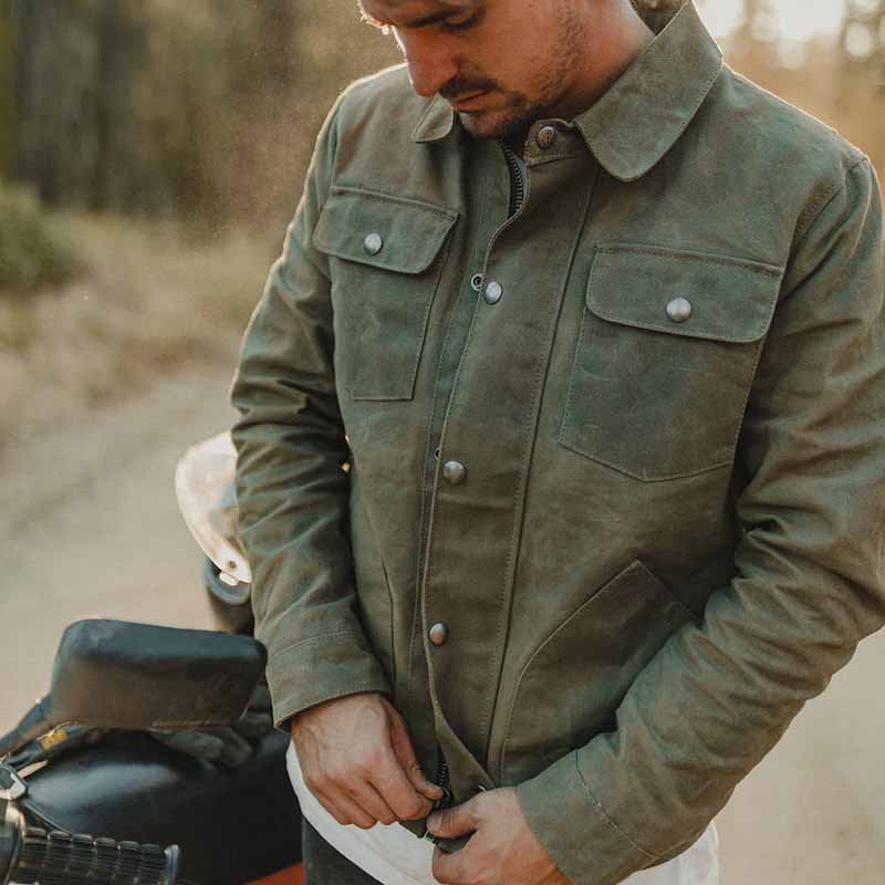 Men's Waxed Canvas Work Jacket with Flap Pockets and Snap Button Closure Mune Fashion