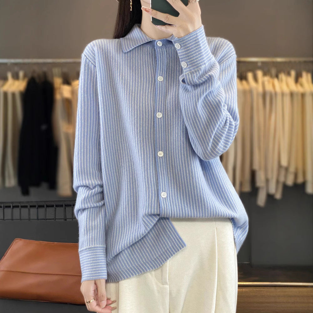 Women's Lightweight Fine Knit Shirt with Polo Collar and Fine Vertical Stripes Mune Fashion