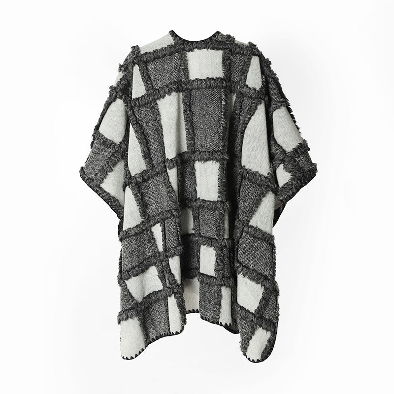 Women's Oversized Cape made of wool blend with textured check jacquard look and open front Mune Fashion
