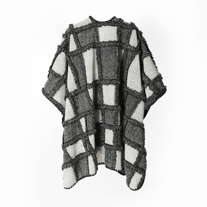 Women's Oversized Cape made of wool blend with textured check jacquard look and open front Mune Fashion