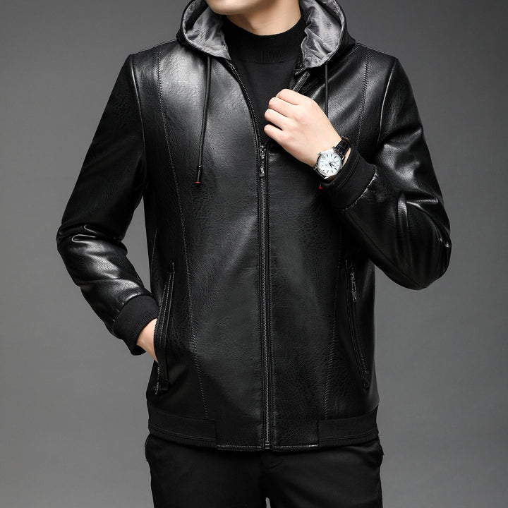 Men's faux leather hooded jacket with fine texture, zipper, and ribbed cuffs Mune Fashion