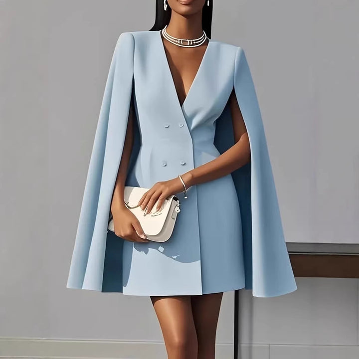 Women's Short Blazer Dress with Cape Sleeves and Double-Breasted Button Placket Drune