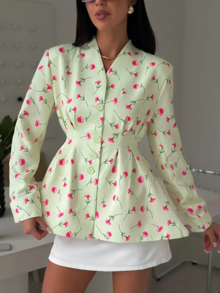 Women's fitted blazer with peplum, decorative buttons and floral pattern Mune Fashion