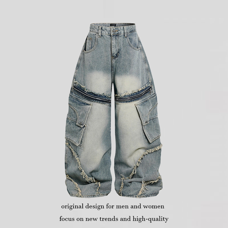 Women's Wide High-Waist Cargo Jeans in Baggy Look with Distressed Details and Zipper Panel Mune Fashion