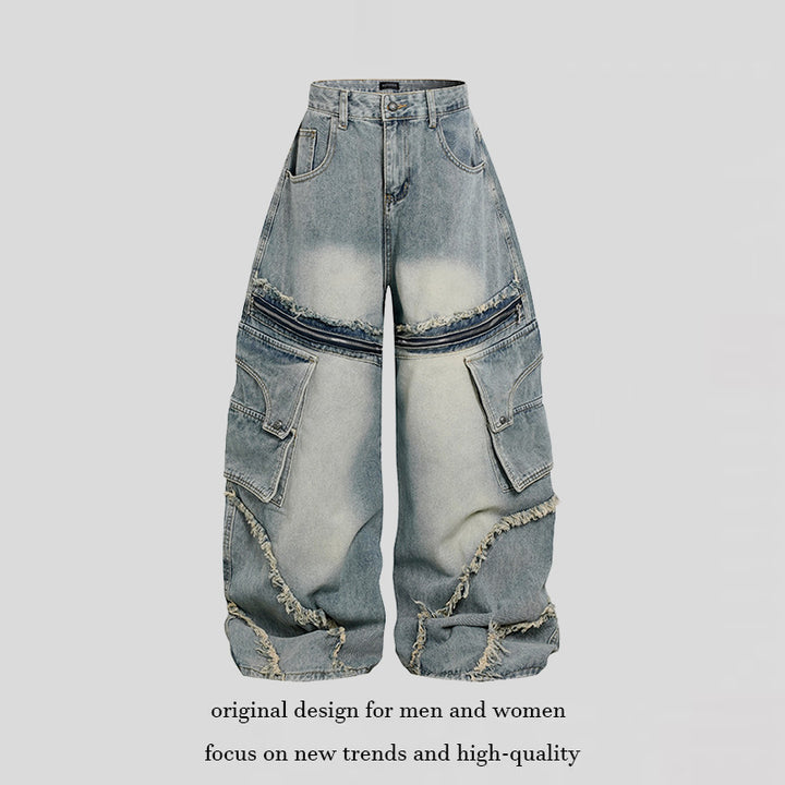 Women's Wide High-Waist Cargo Jeans in Baggy Look with Distressed Details and Zipper Panel Mune Fashion