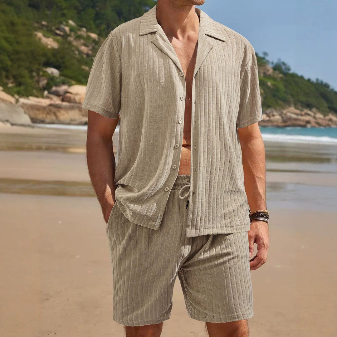 Men's fine ribbed short-sleeve knitted shirt with notch collar and full-button placket Mune Fashion
