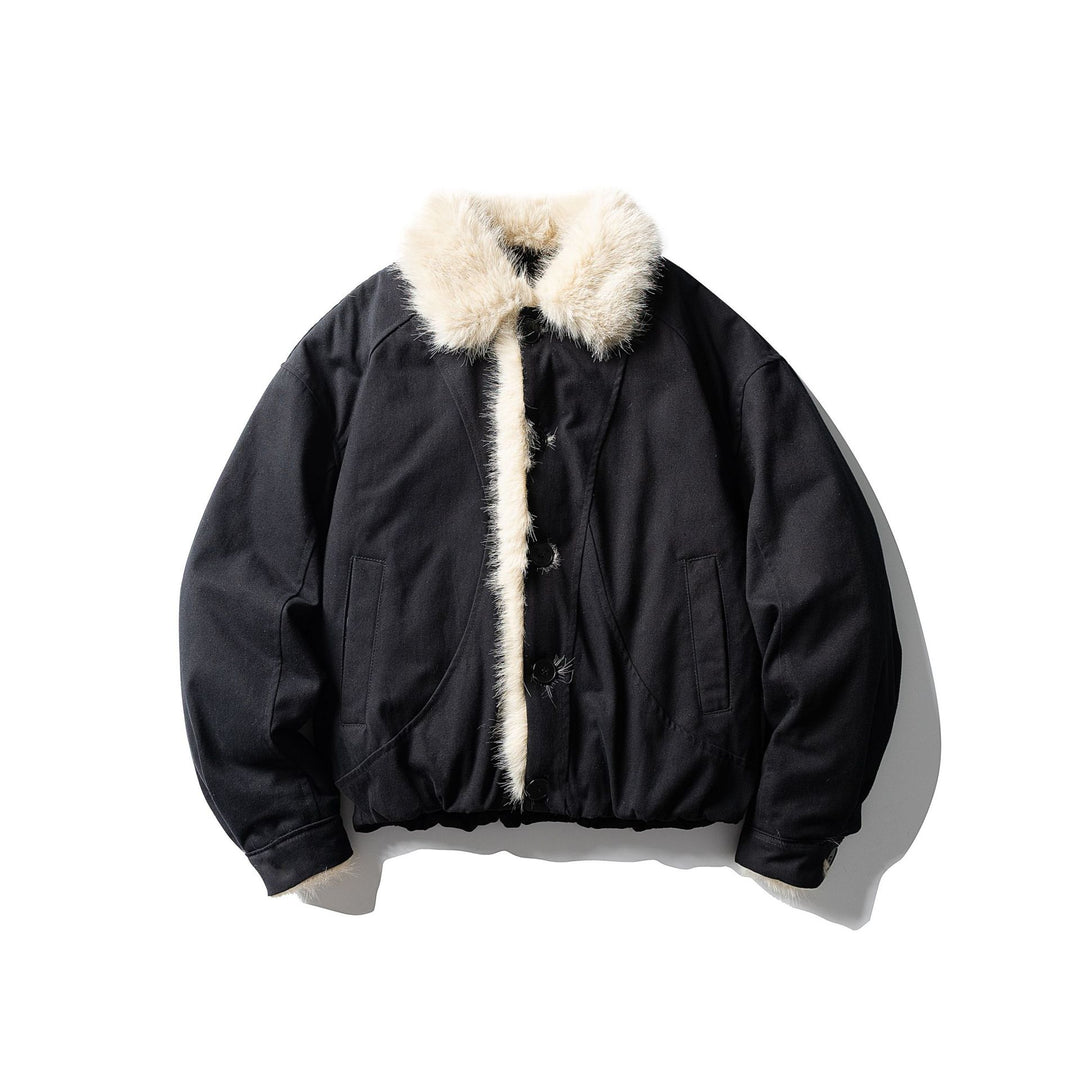 Unisex Short-cut Boxy Bomber Jacket with Faux Fur Trim and Button Placket Mune Fashion