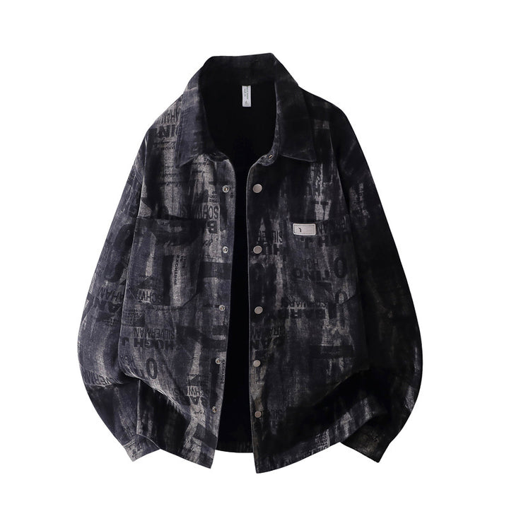 Men's Oversized Denim Jacket in Used Print with Snap Button Front Mune Fashion