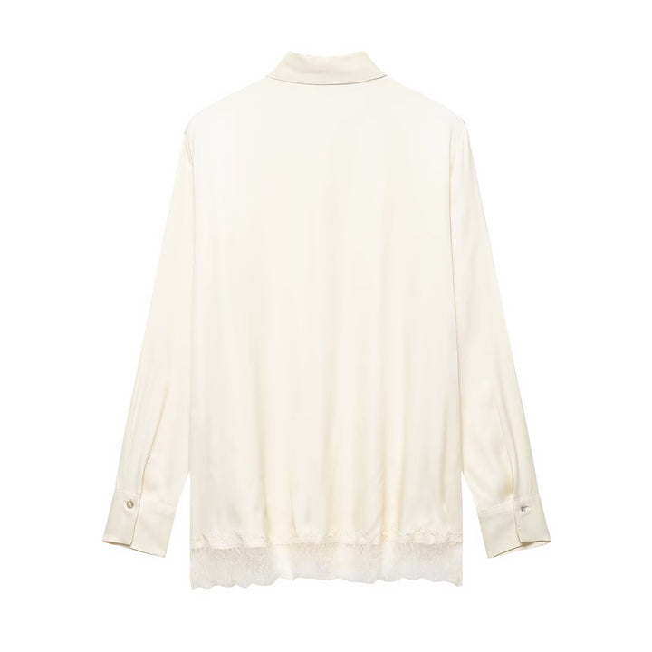 Ladies Silk-like Blouse with Concealed Button Placket and Lace Trim Mune Fashion