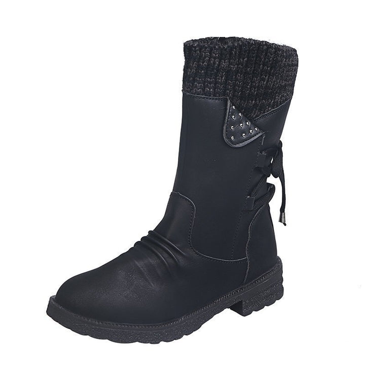 Women's Mid-Cut Boots with Knit Cuff, Decorative Cord and Velour Look Mune Fashion